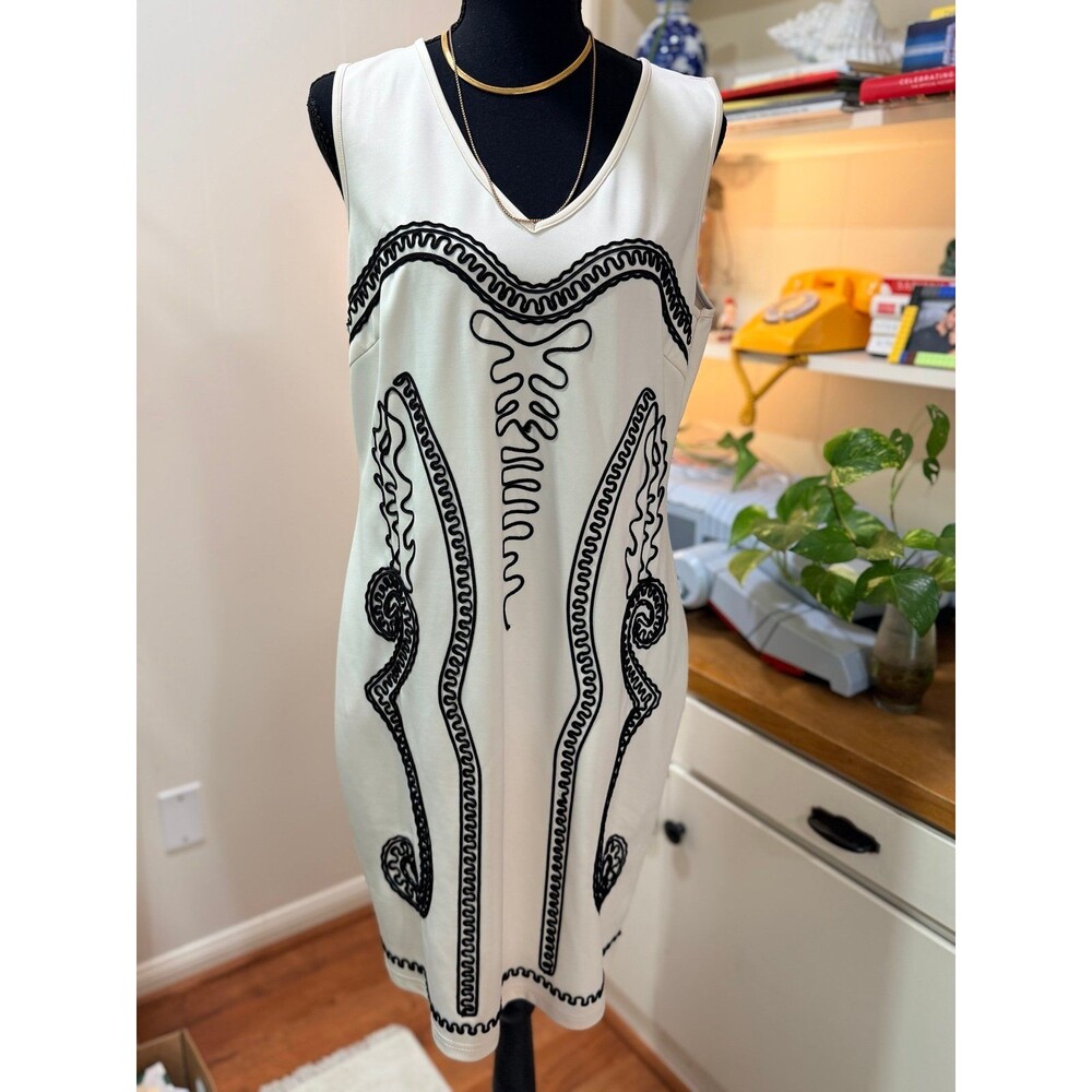 Spencer Jeremy Ivory & Black Embroidered Shift Dress Size 10 |Boho Chic